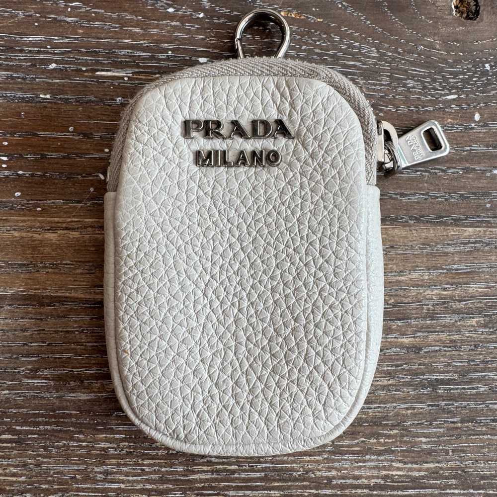 Prada Textured Leather Zip Key Pouch with Silver Hardware